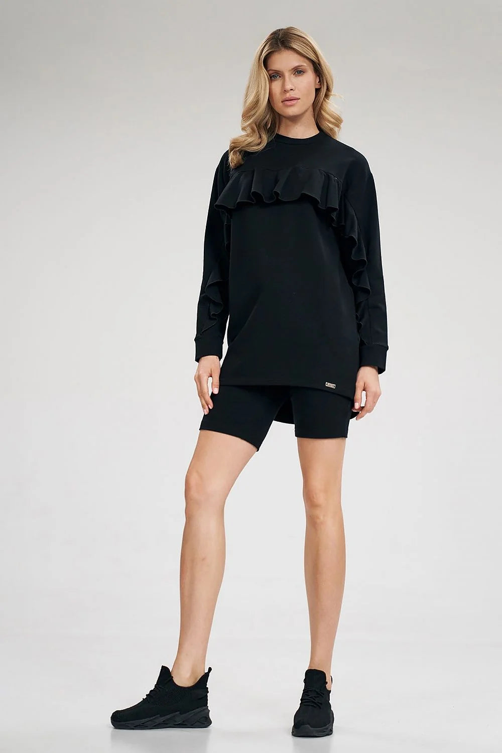 Ensemble femme coton élasthanne style décontracté élégant haut manches longues volants short tendance confortable