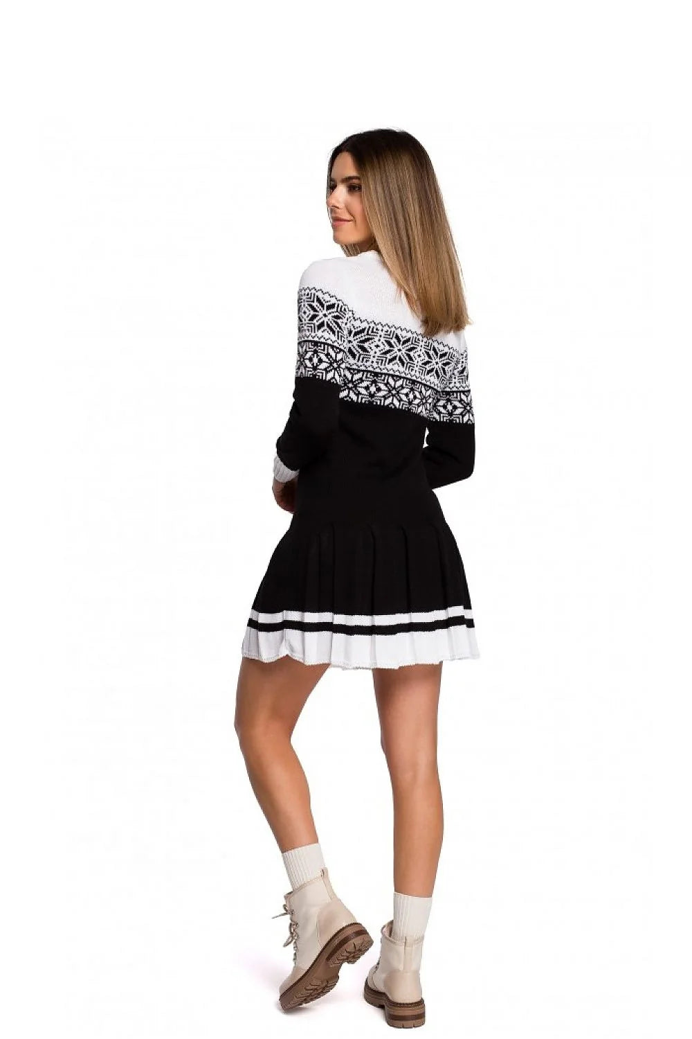 Robe en maille élégante automne-hiver jacquard confortable jaune moutarde manches longues femme tendance casual