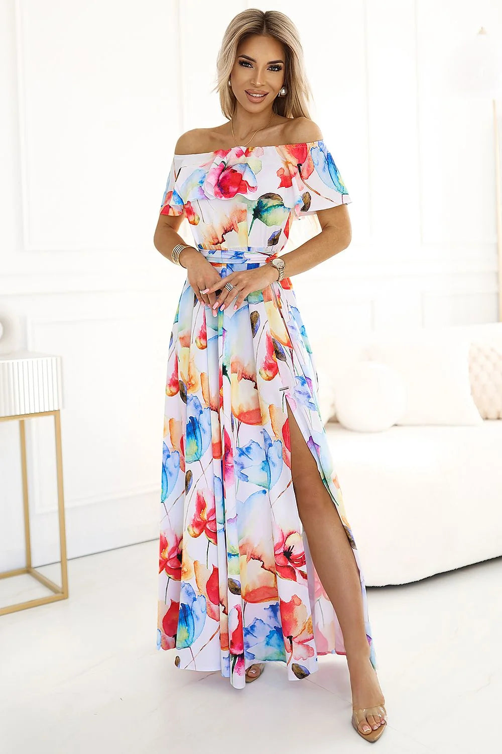 Robe de jour Numoco longue évasée fleurs colorées été Bardot épaules dégagées ceinture fente latérale polyester elasthanne femme
