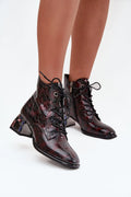 artiker bottines femme cuir verni effet croco bordeaux brillant talon bloc sculpté cristaux lacées zippées latérales bout arrondi