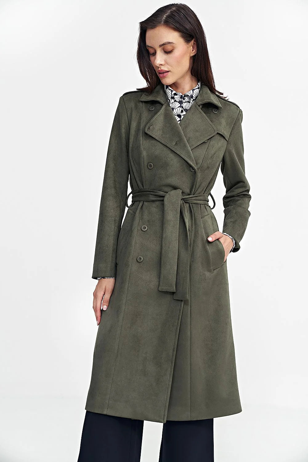 Manteau classique pour femme en vert olive coupe ajustée ceinture incluse boutons ton sur ton laine doublure confortable occasionnels formelles et décontractées