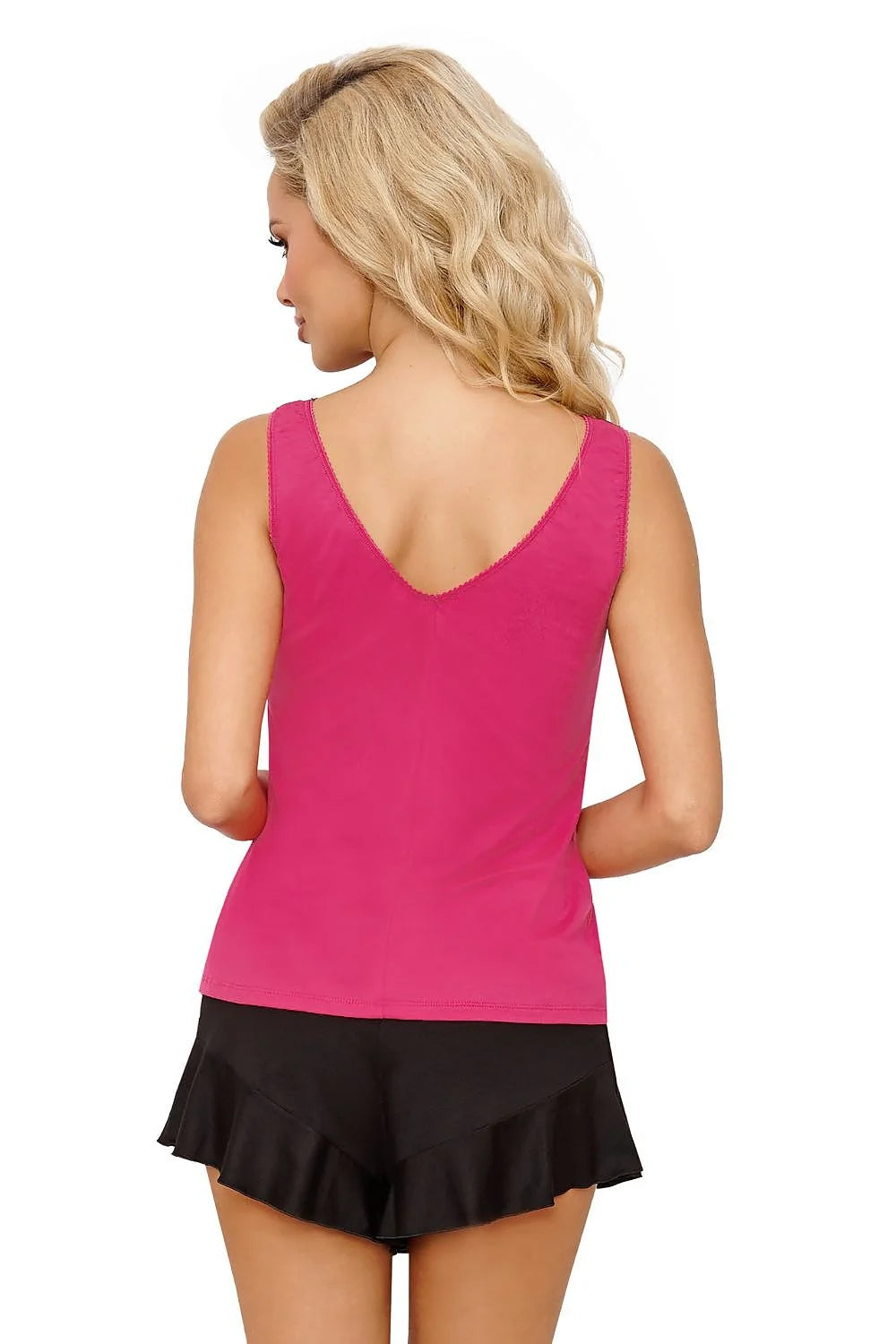 pyjama femme fuchsia noir dentelle florale débardeur plongeant short court volants ajusté fluide viscose élasthanne polyamide léger satiné nœud fronces
