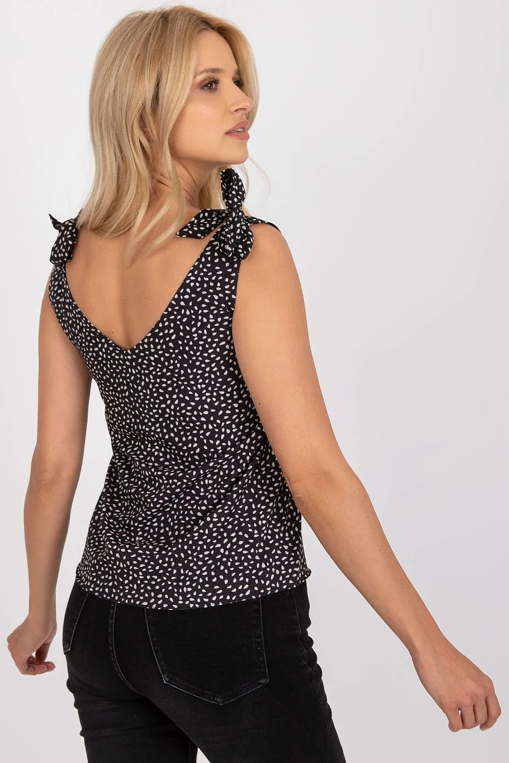 Top femme Rue Paris sans manches imprimé noir blanc décolleté V bretelles nouées polyester elasthanne