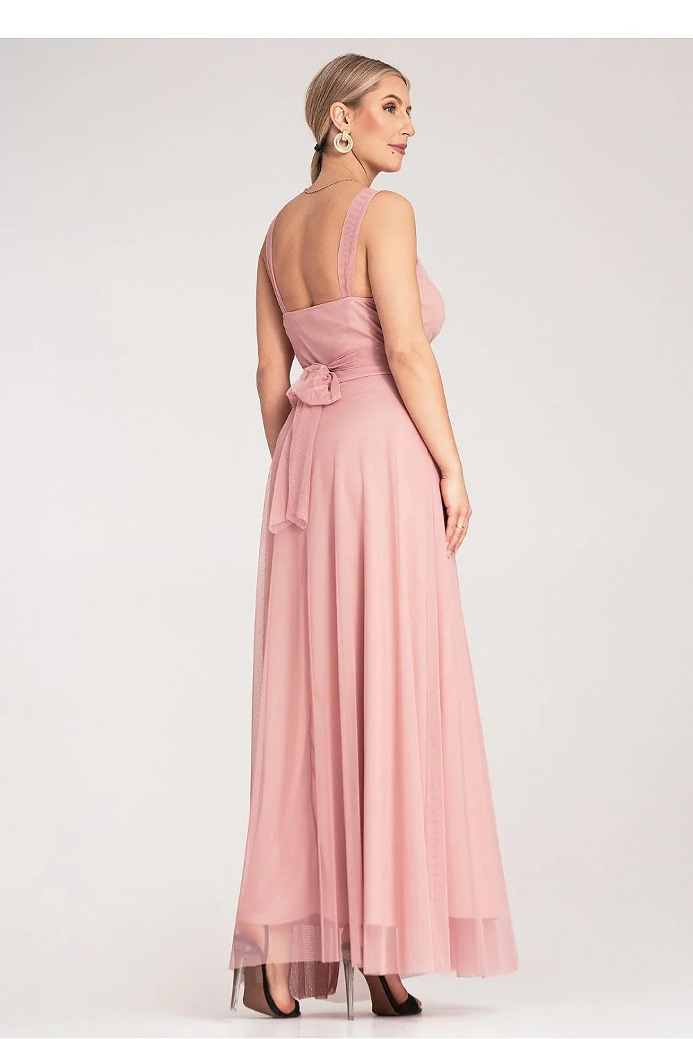 Robe de soirée élégante longue sans manches col montant plissé rose poudré polyester taille ajustable femme