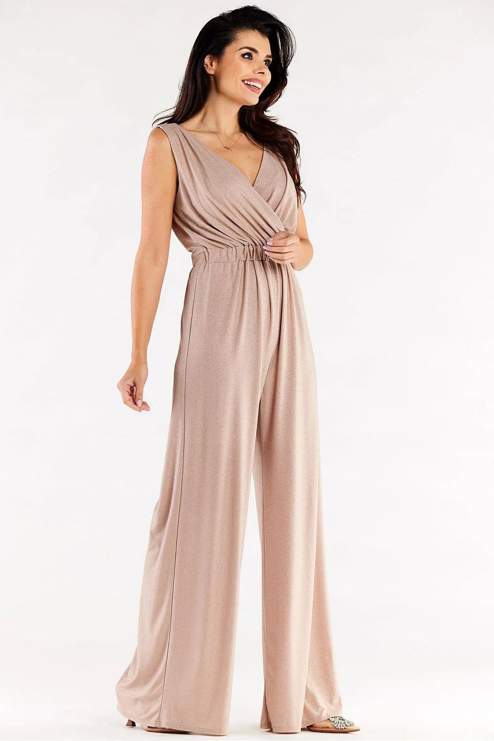 Combinaison pour femme robe longue sans manches en V couleur rose vif tissu fluide élastique Pologne