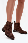 bottines femme suédine daim marron imprimé léopard talon bloc bas doublure fourrure synthétique bout arrondi fermeture éclair latérale