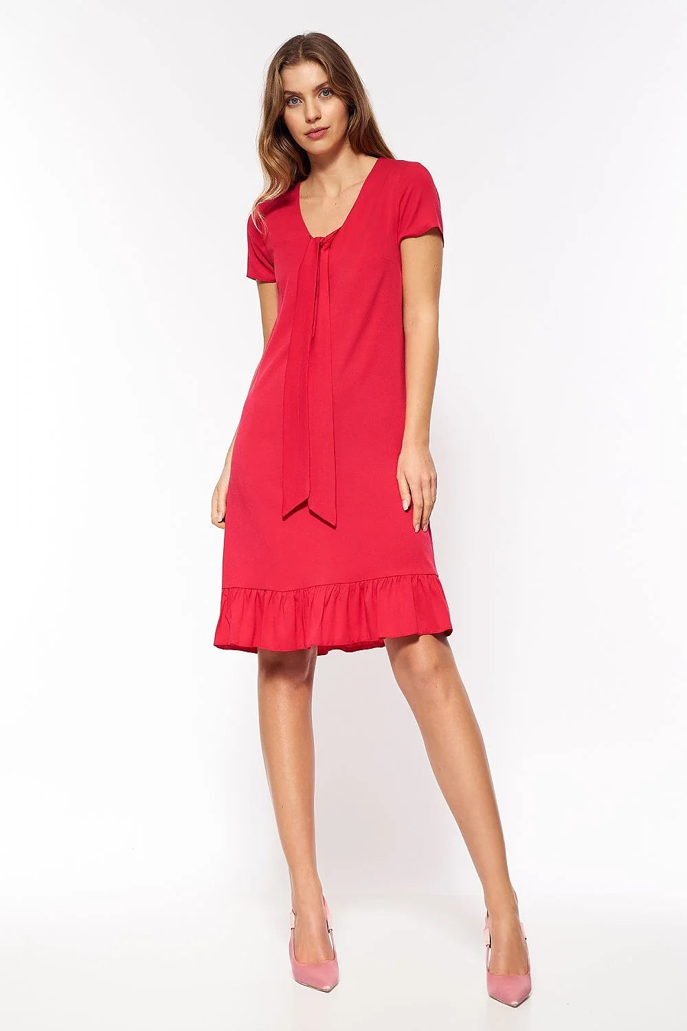 Robe de jour Nife design épuré élégant viscose spandex coupe droite genoux décolleté V nœud central manches courtes style décontracté semi-formel couleur rouge garde-robe moderne femme
