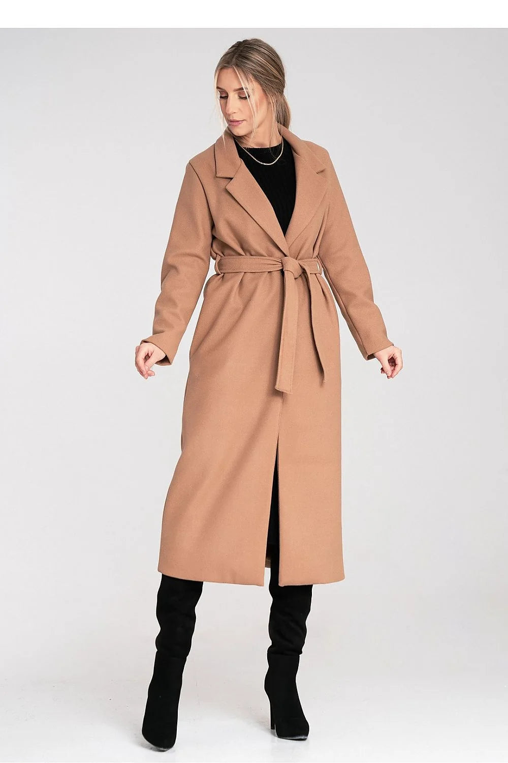 manteau long femme ceinturé camel effet laine coupe droite oversize col tailleur revers classique épuré mi mollet poches latérales discrètes