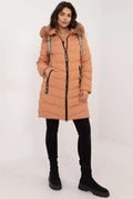Manteau d'hiver pour femme chaud style moderne coupe ajustée fourrure amovible couleur brun camel polyester matelassé