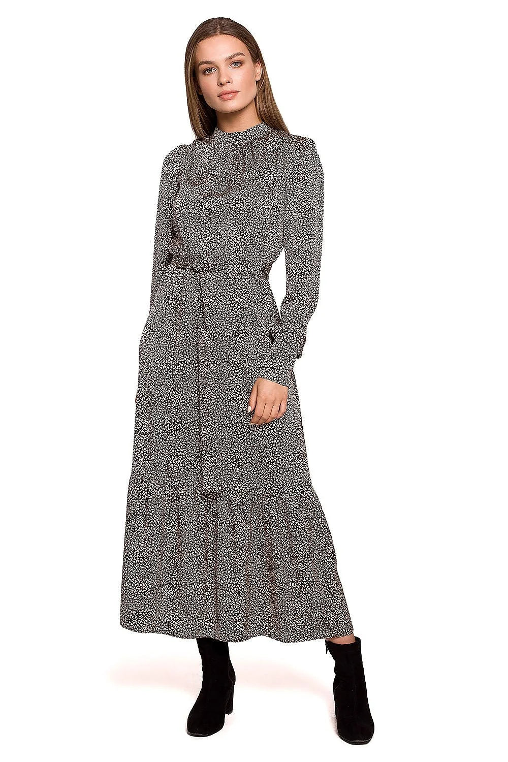 Robe longue polyester chic élégante imprimé léopard automne col haut manches longues ceinture intégrée