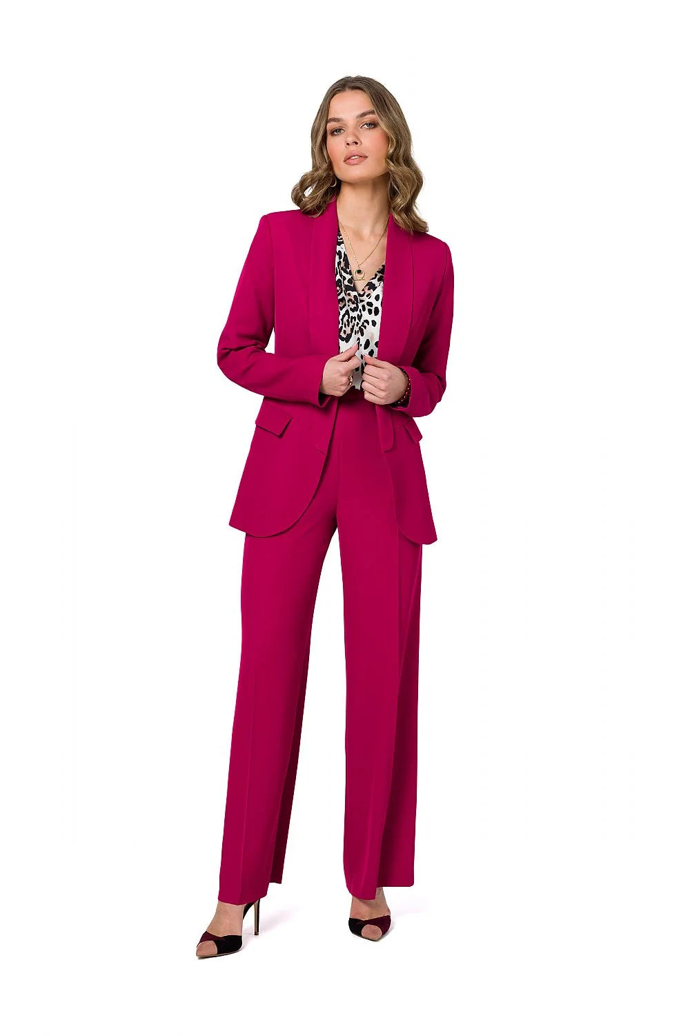 Ensemble Mode Fille Blazer Pantalon Fuchsia Top Léopard Taille Haute Femme Élégance Moderne Coupe Structurée Matière Douce