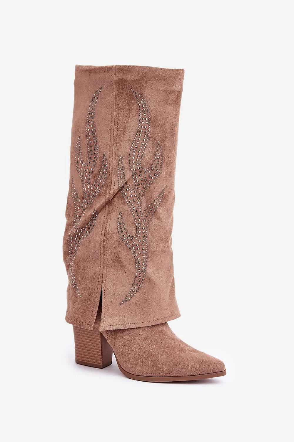 Bottes à talons carrés en suède beige clair pour femme, design élégant, coupe mi-mollet, broderie en forme de flamme, semelle en gomme marron, confort quotidien