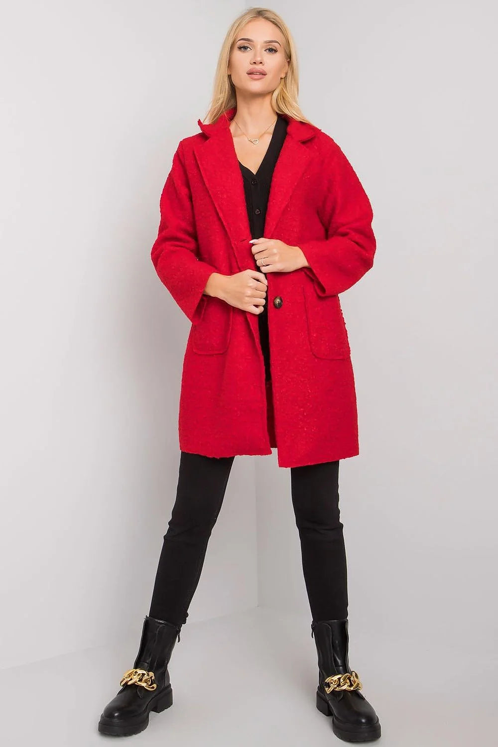 Manteau femme bouclé noir moderne ample polyester poches style décontracté automne hiver tendance élégante