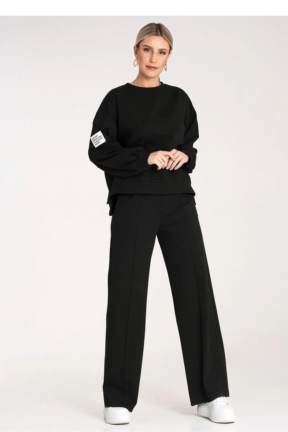 Ensemble Figl noir pour femme, sweatshirt ample manches longues, pantalon large taille élastique, style élégant moderne, vêtement polyvalent