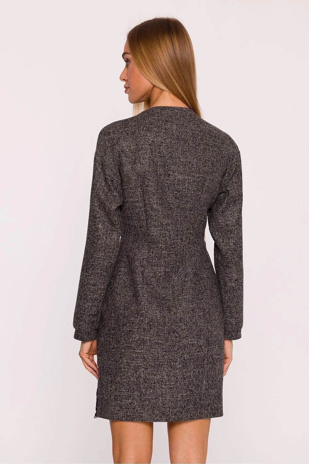 robe courte femme patineuse gris anthracite manches longues col rond taille marquée jupe plissée sergé structuré mat
