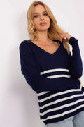 Pull femme rayures marines style nautique en acrylique doux manches longues encolure V bleu marine et blanc