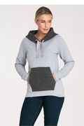 Sweatshirt pour femme en coton gris clair avec capuche contrastée en tricot gris foncé, coupe droite, poche kangourou et finitions élégantes