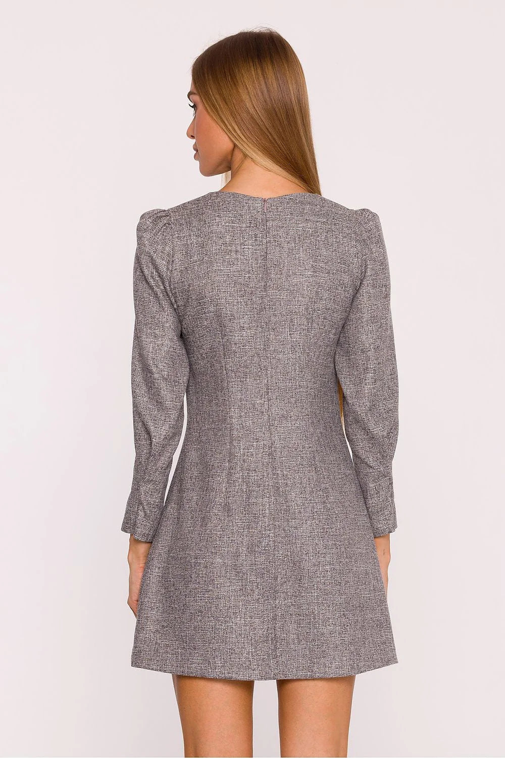 robe tweed chiné gris mini trapèze manches ballon col bateau poches plaquées nœuds bijouterie dorés femme ajustée