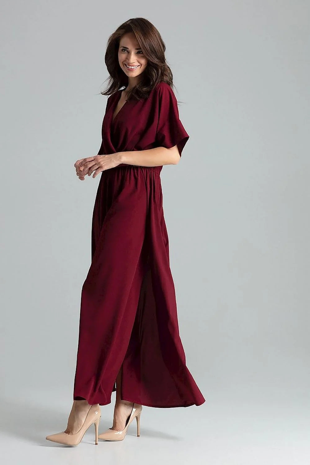 robe longue fluide beige nude chiffon cachecoeur boheme chic manches kimono courtes taille froncee elastiquee jupe evasee fente laterale plongeant