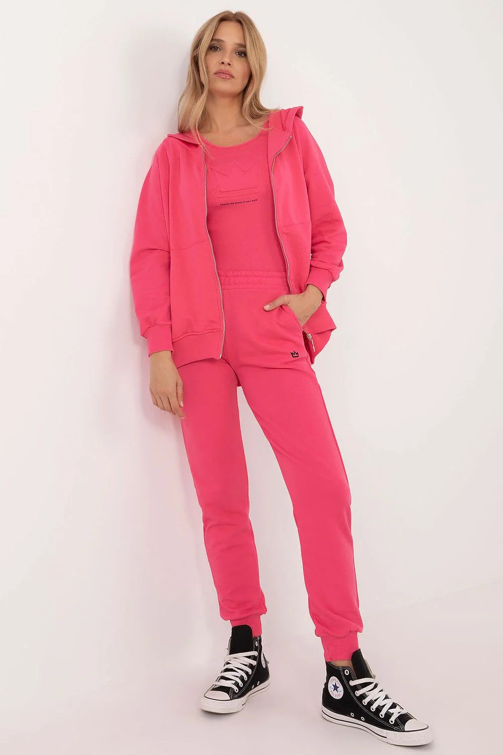 Ensemble de survêtement pour femme style décontracté t-shirt sweat capuche pantalon couleur rose vive coton polyester confort respirabilité
