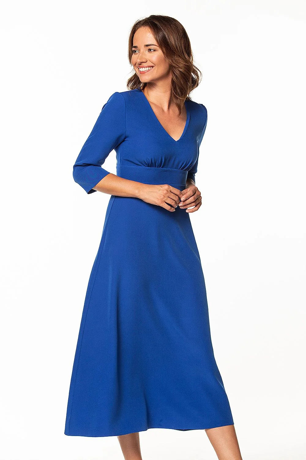 robe Tessita longue midi bleu vif manches troisquarts encolure V taille empire jupe évasée tissu fluide extensible élégante polyvalente