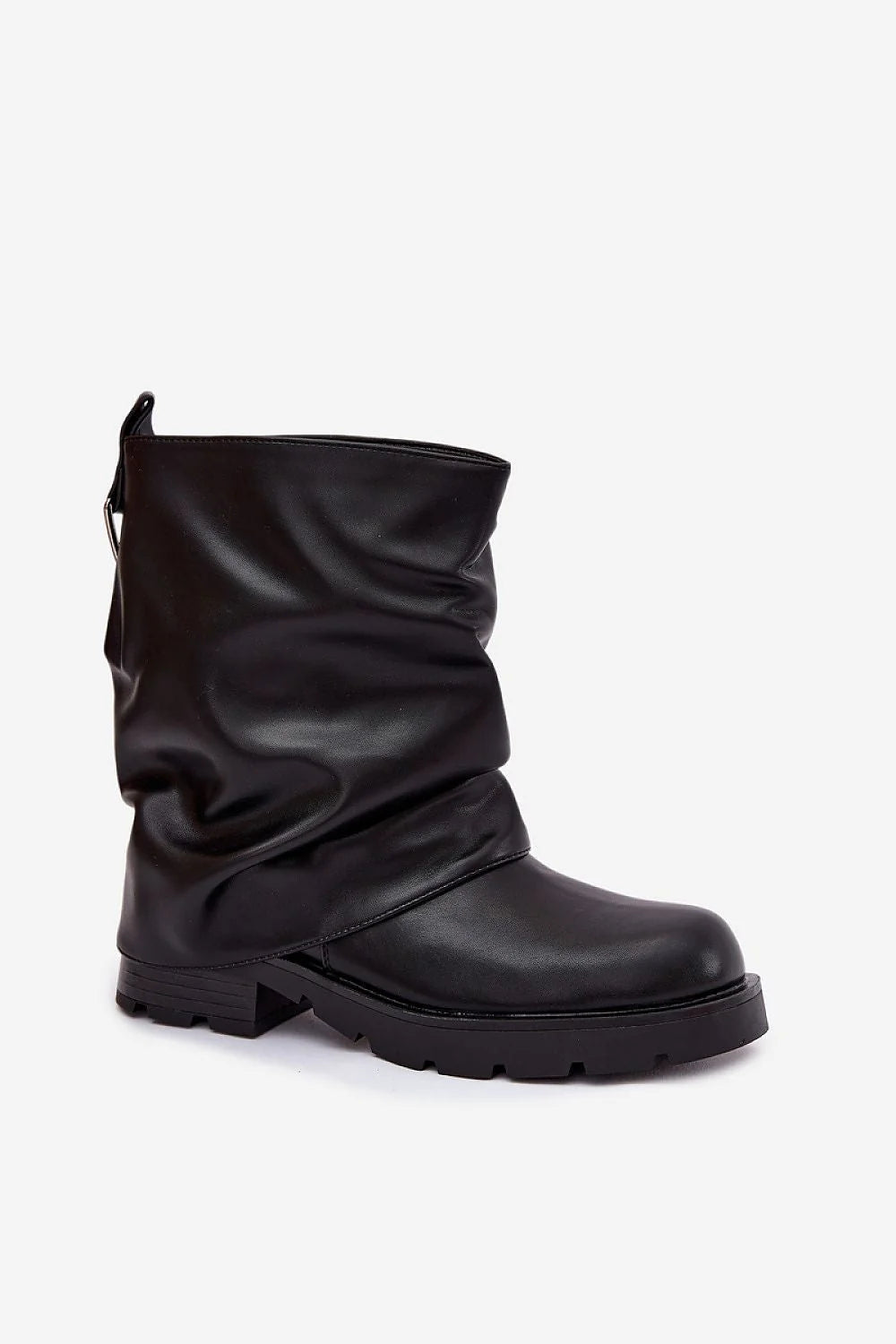 bottines femme similicuir noir mi mollet froncée repliée bout rond semelle crantée plateforme basse talon plat doublure chaude confortable utilitaire