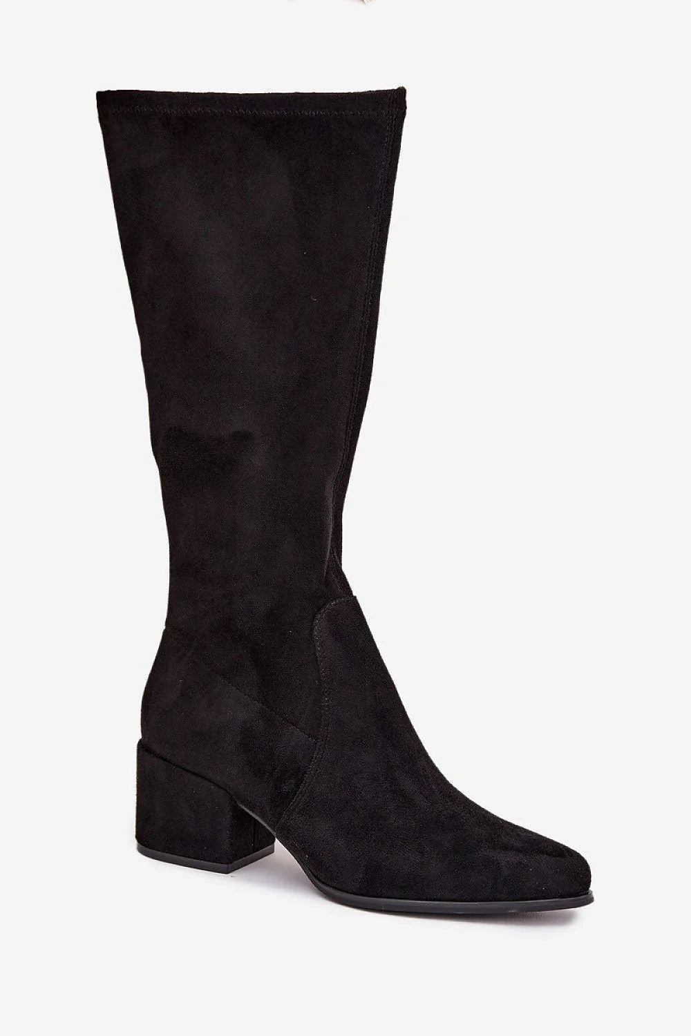 bottes femme suédine écologique noir haute genou talon bloc moyen confortable bout amande pointu fermeture éclair doublure fourrure polyvalente élégante