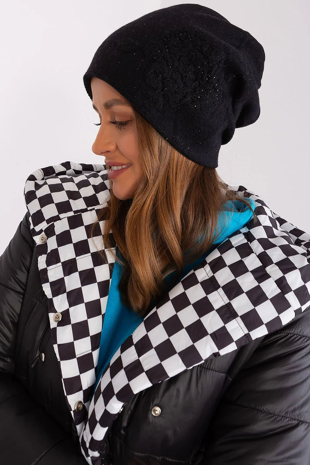 Bonnet d'hiver en cachemire noir avec strass pour femme, style urbain, matelassé, acrylique, coton, look casual, mode moderne, saison froide