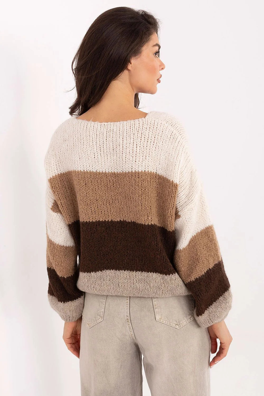 pull oversize rayé femme colV manches bouffantes grosse maille colorblock crème beige camel marron moelleux côtelé court décontracté hiver confortable