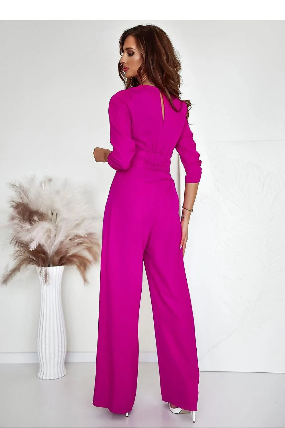 Combinaison femme élégante moderne fuchsia longue manches V-neck taille ajustable matériau léger occasion spéciale soirée