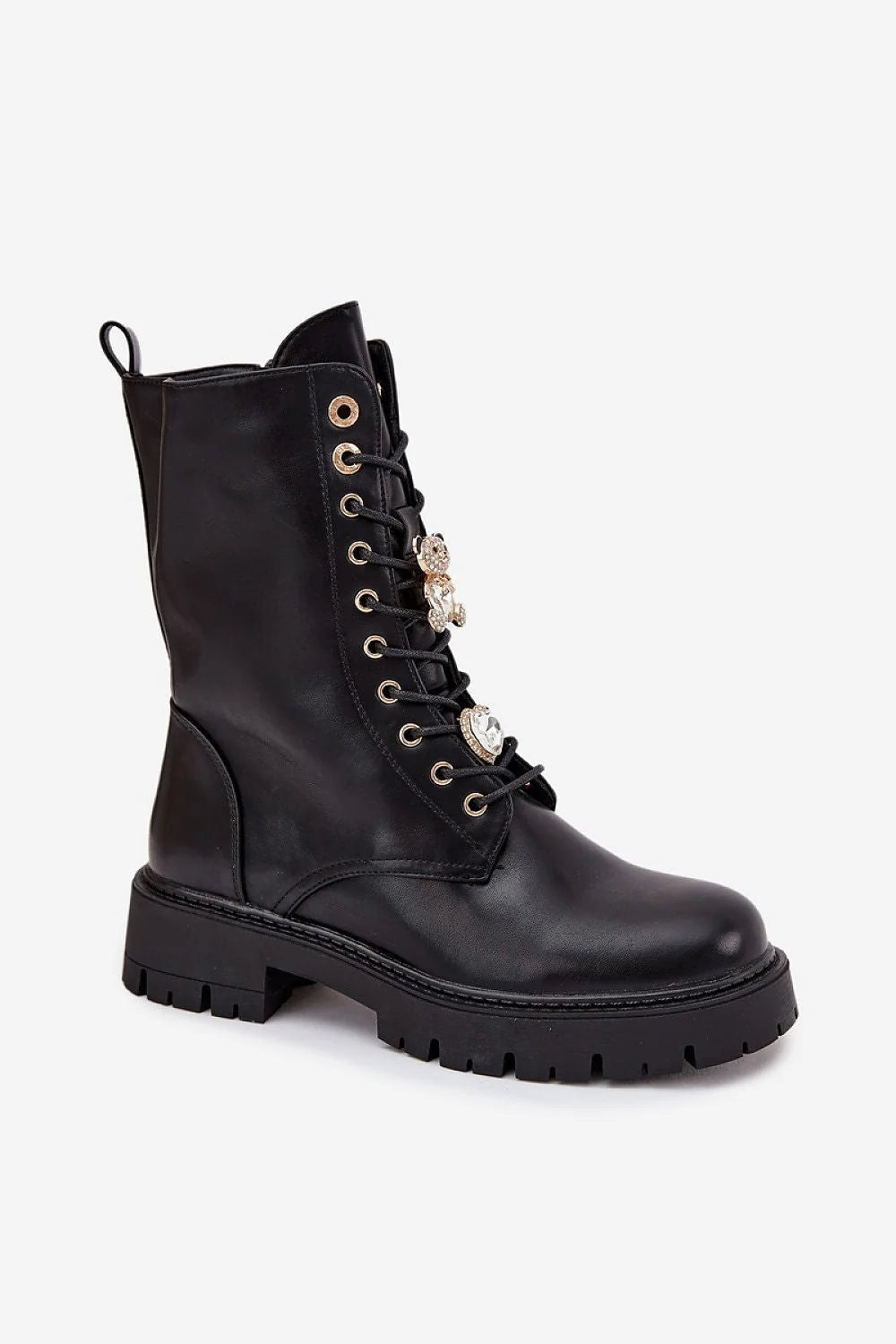 bottines femme similicuir noir mi mollet lacets oeillets fermeture eclair doublure fourrure synthetique semelle crantee bout rond charms ourson coeur