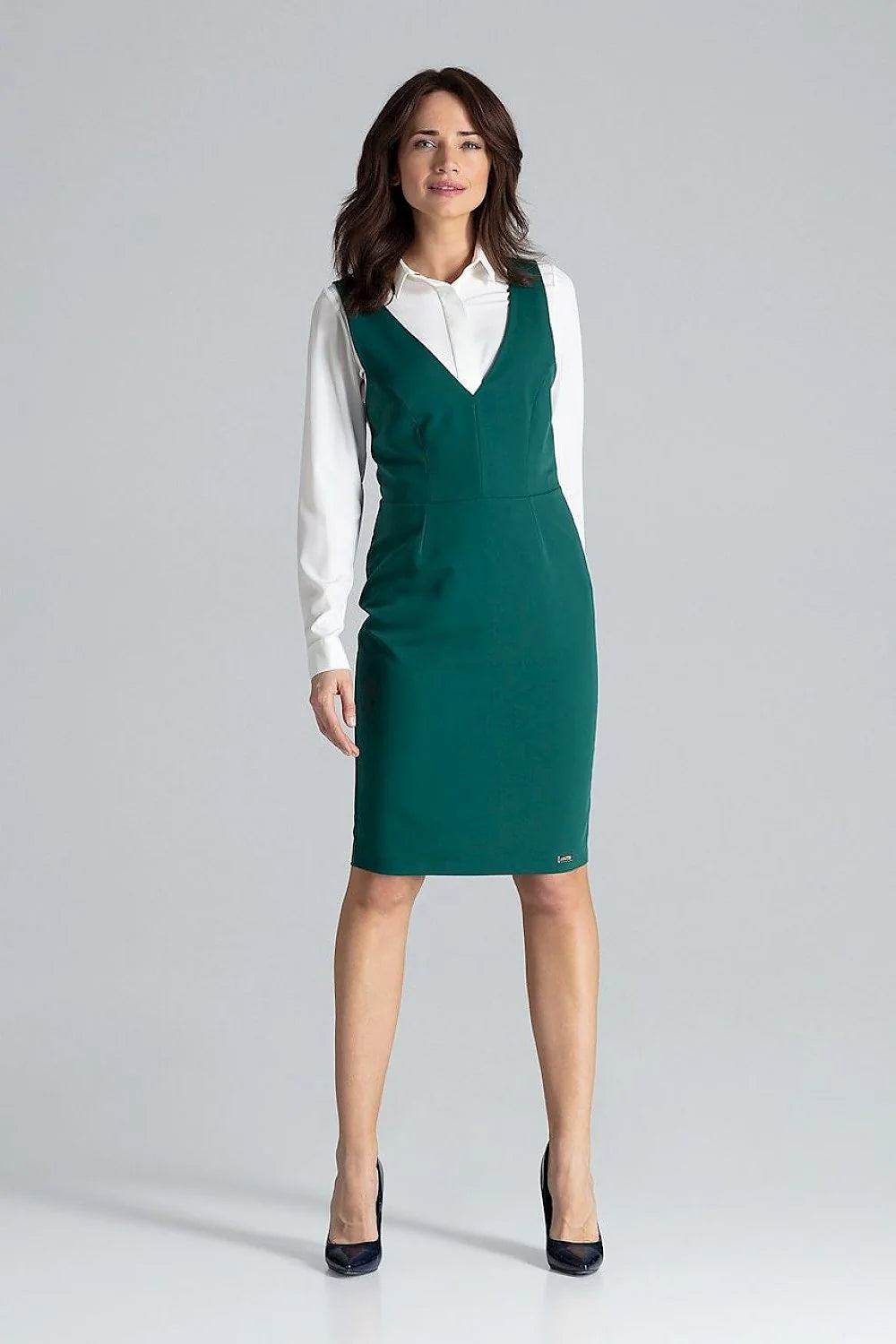 Robe de jour élégante sans manches V profond dos ouvert ajustée robe chemisier longues manches vert émeraude blanc tailleur femmes