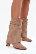 bottines suédine taupe écologique effet daim bout pointu talon bloc tige plissée revers bande décorative boucle dorée fermeture éclair
