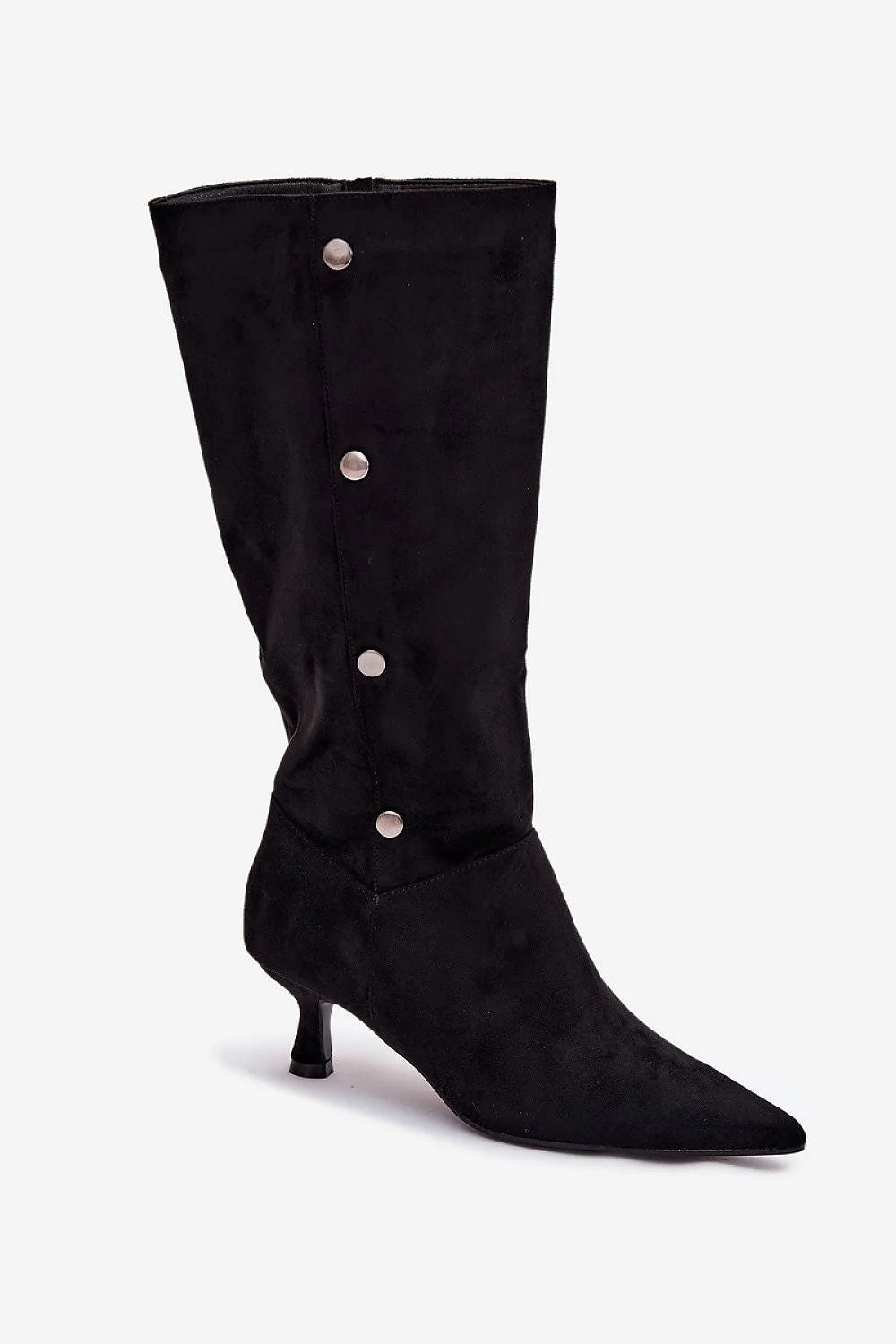 bottes femme suédine écologique noir mi mollet bout pointu talon kitten bas zippée intérieur rivets argentés silhouette élancée ajustée confortable