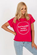 T-shirt femme moderne loose fit manches courtes graphique Feel beautiful anytime anywhere coton élasthanne rose vif look décontracté