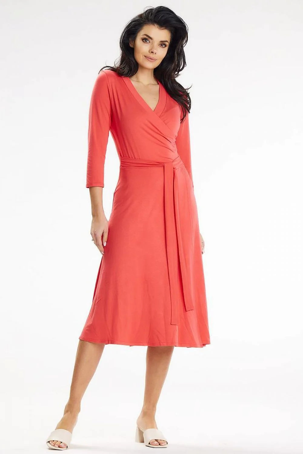 Robe awama portefeuille corail ajustée en viscose elasthanne manches 3/4 ceinture nouée femme