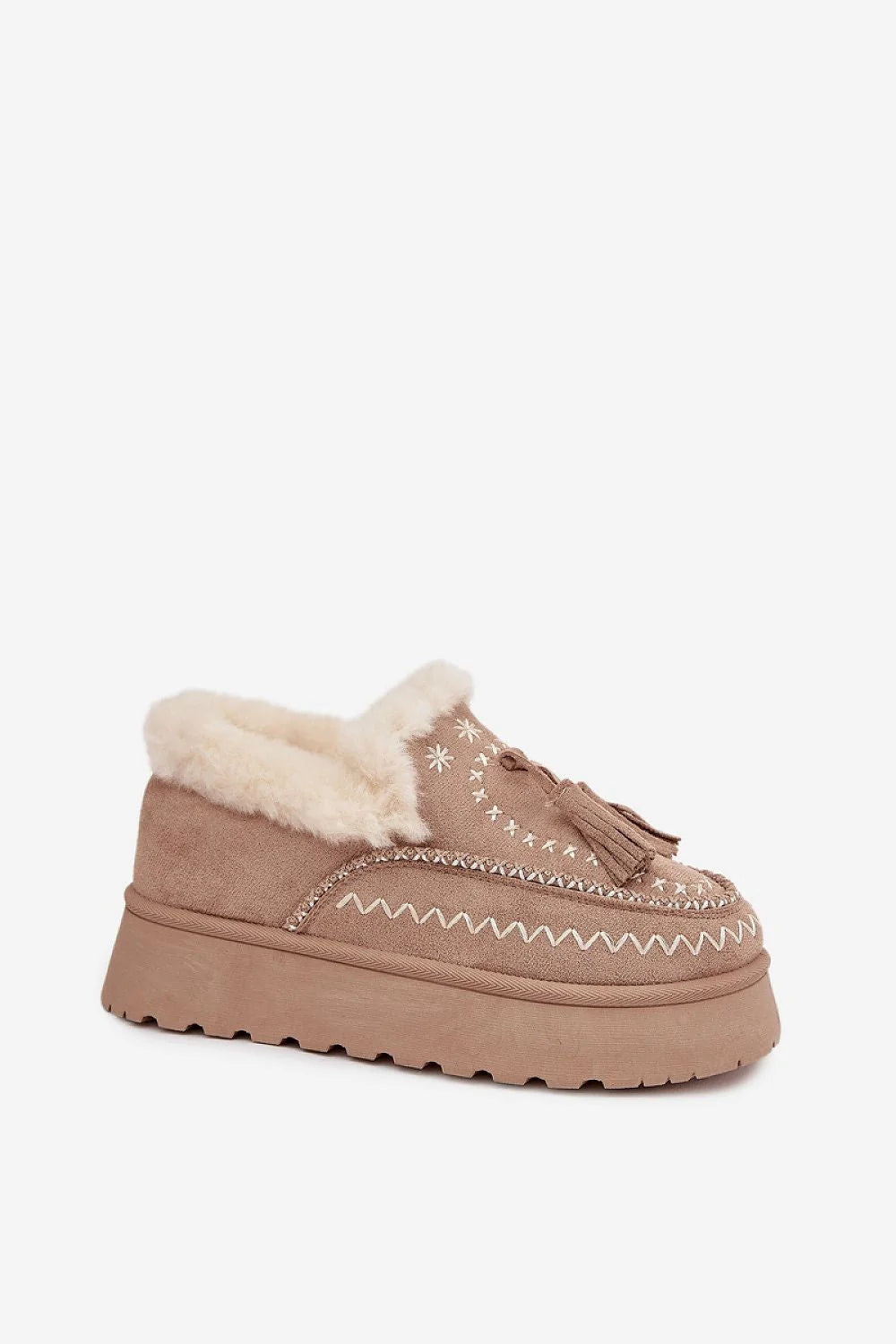 bottes neige femme suédine écologique plateforme compensée fourrure doublure semelle crantée coutures apparentes broderies pampilles beige crème isolantes confort hivernal