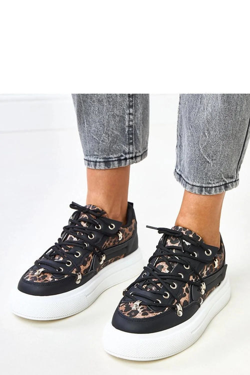 baskets basses femme plateforme 4cm cuir écologique noir empiècements léopard textile lacets œillets anneaux métalliques col rembourré semelle épaisse caoutchouc