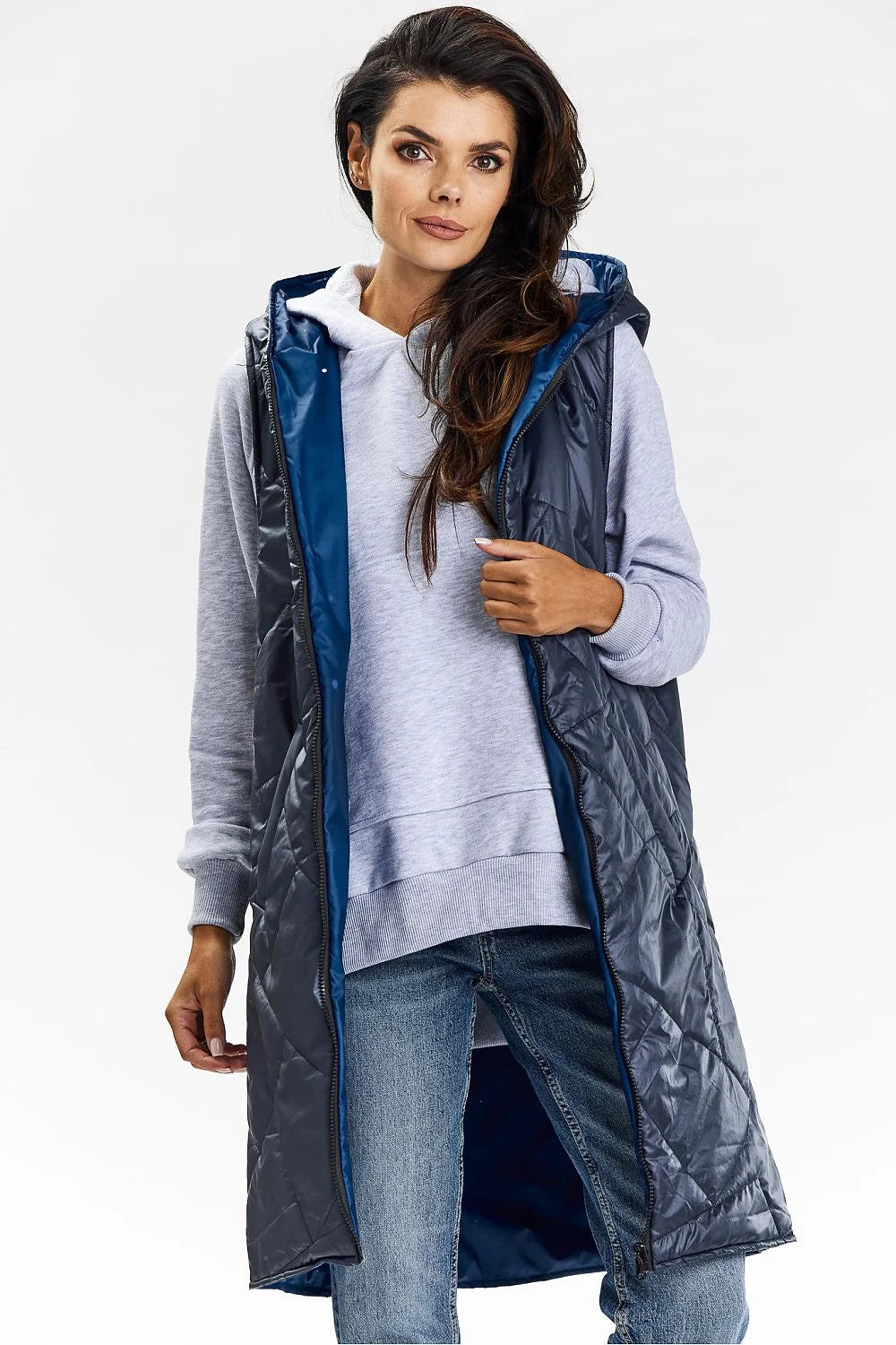 Gilet long sans manches pour femmes, à capuche, double face, polyester 100%, style moderne, fonctionnel, occasions multiples