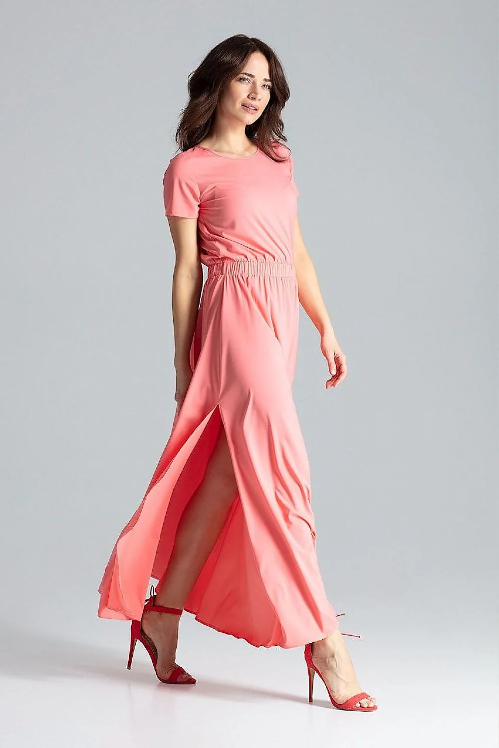 Robe longue pour femme manches courtes style épuré couleur rose saumon taille élastiquée sans fermeture ni poches mode été