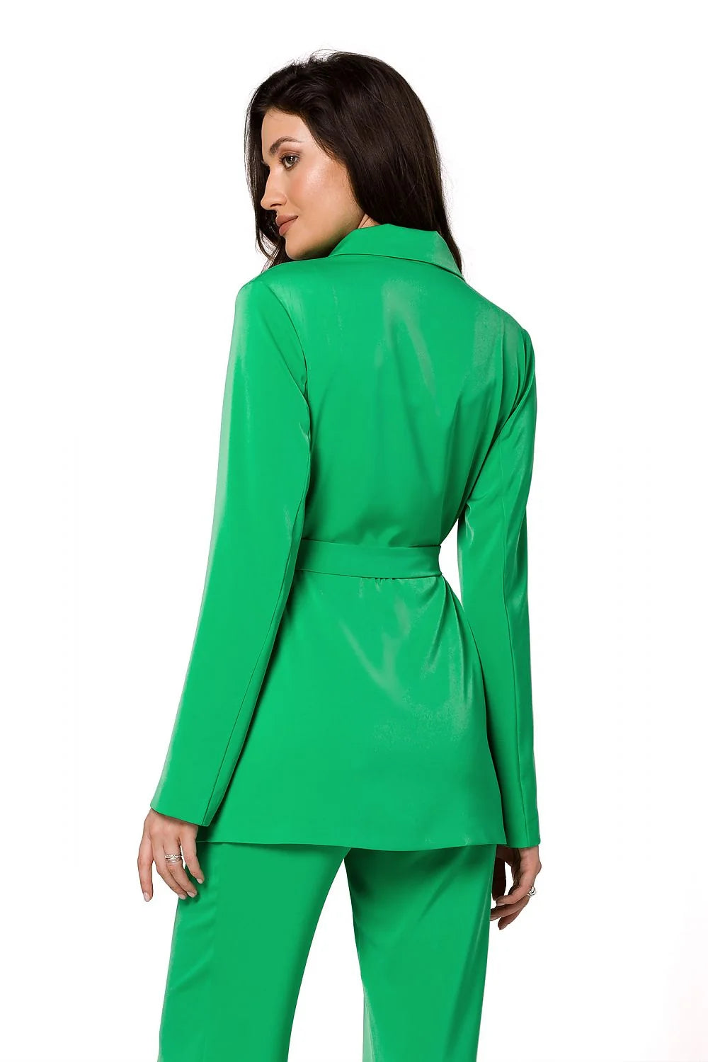 Blazer femme Makover vert énergique ensemble complet blazer pantalon assorti style classique col à revers ceinture ajustable coupe longue