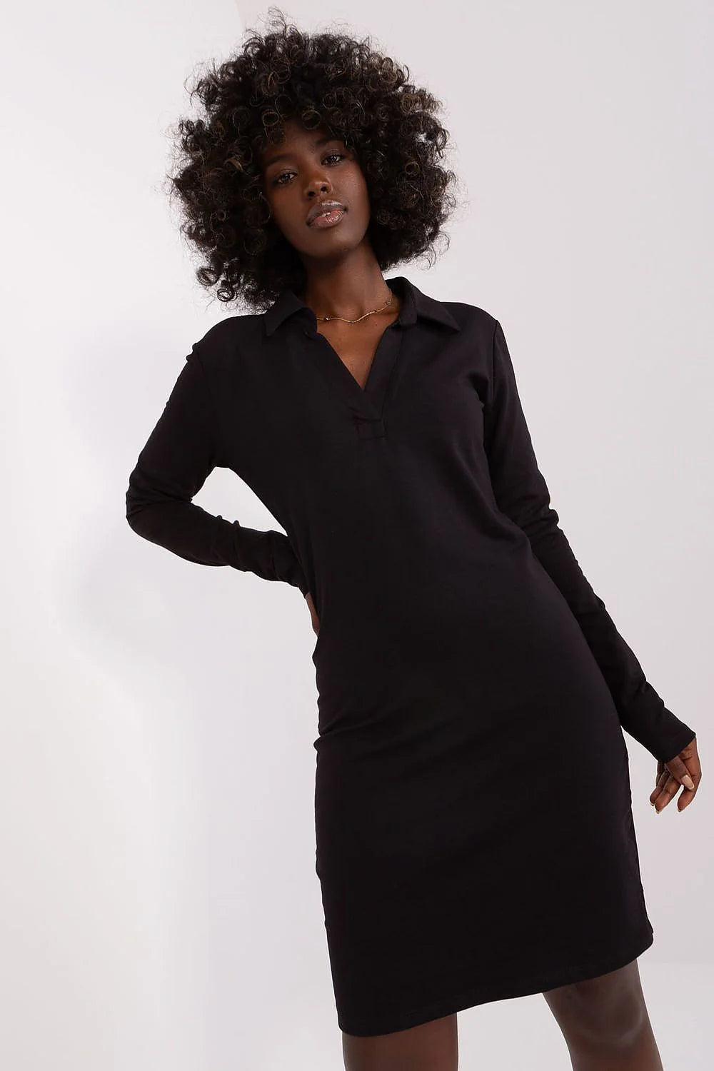Robe de jour minimaliste noire manches longues col en V coton élasthanne ajustée coupe droite genoux femme occasion