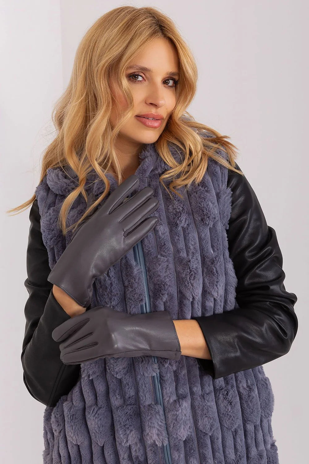 Manteau élégant pour femme en fourrure synthétique et cuir synthétique bandes verticales col montant fermeture éclair manches longues hiver