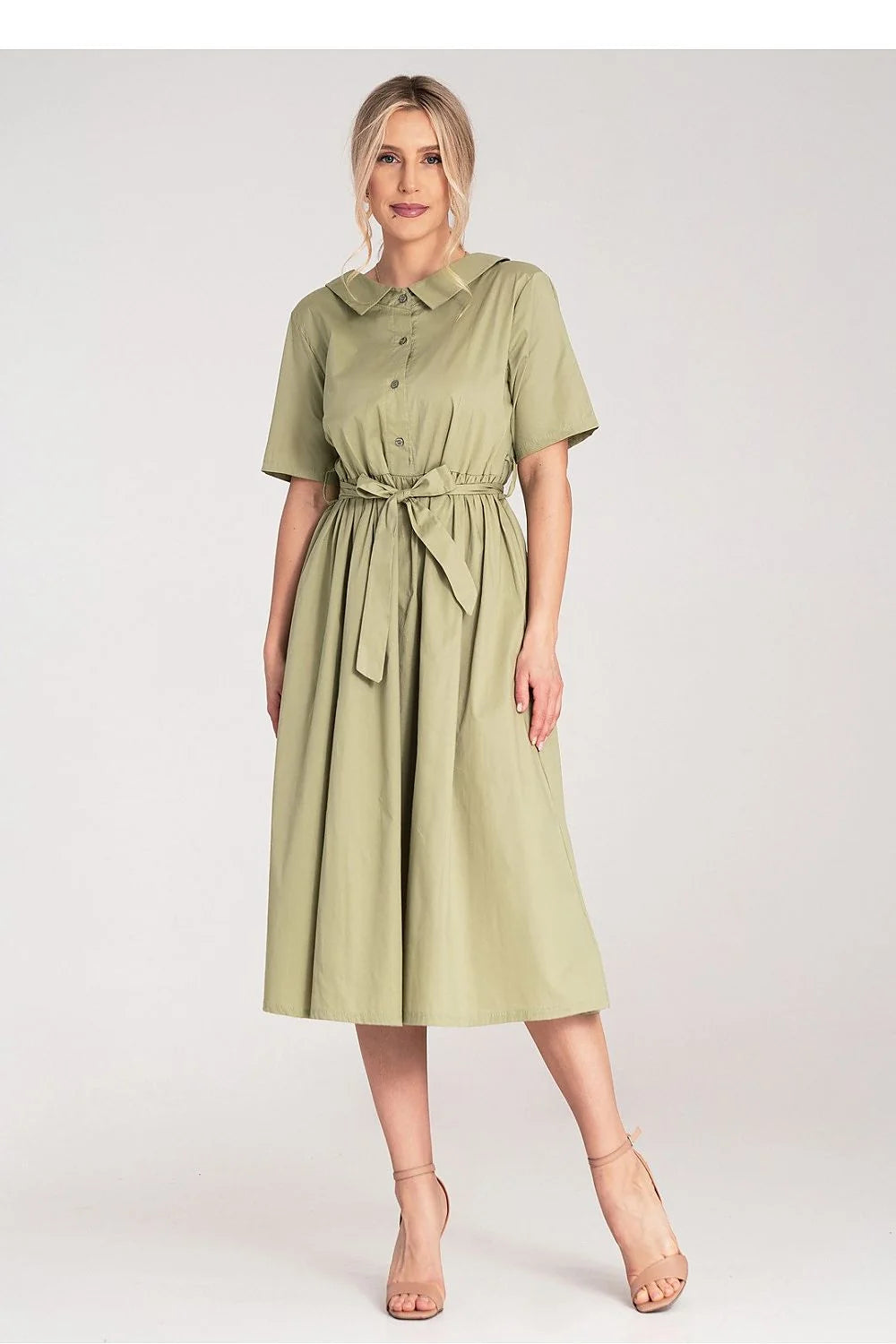 Robe midi coton 100% ceinture amovible manches courtes élégance décontractée vert olive taille ajustable femme