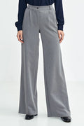 Pantalon long élégant pour femme style large leg en mélange laine polyester design sophistiqué plis devant taille haute bouton central couleur gris clair