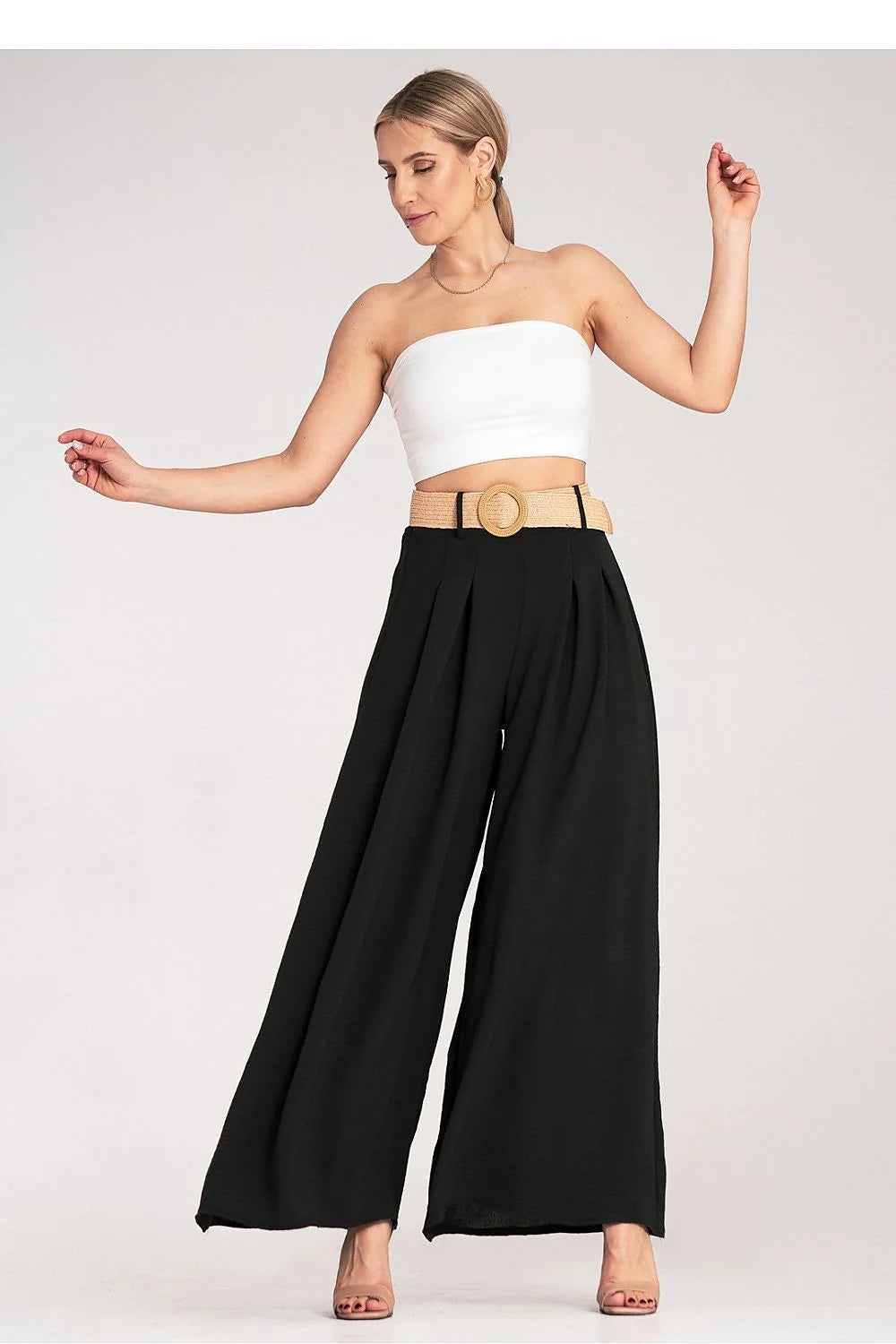 Tenue deux pièces femme bandeau blanc pantalon noir large taille haute ceinture tressée polyester coton élasthanne