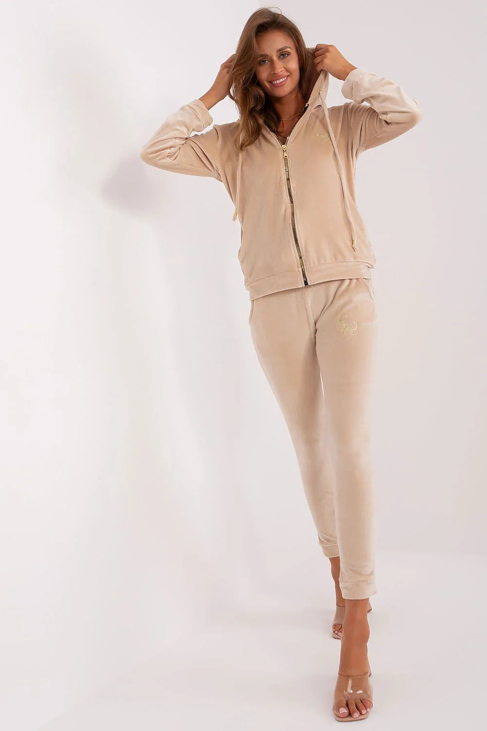 Ensemble de détente pour femmes velours sweat zippé pantalon assorti capuche poches élégance décontractée