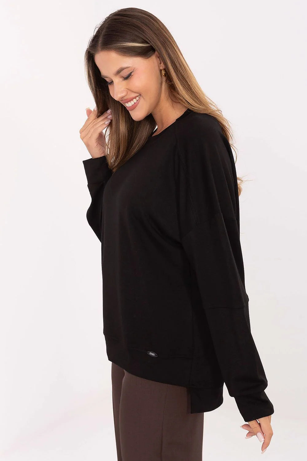sweatshirt femme oversize noir col rond molletonné doux douillet viscose élasthanne coupe droite épaules tombantes manches longues ourlet fendu