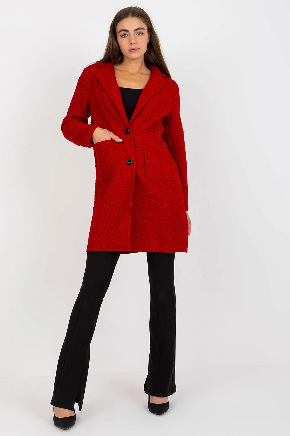 Manteau Och Bella pour femme rouge vif manches longues poches plaquées coupe droite style moderne intemporel polyester 100% taille universelle