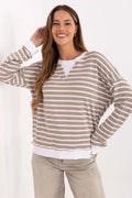 chemisier femme oversize décontracté marinière rayures beige sable blanc maille jersey légère encolure ronde manches longues